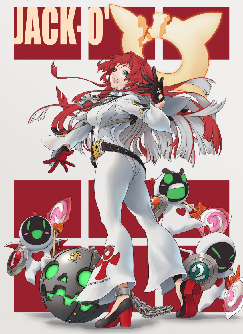 1girl absurdres ankh ball_and_chain_restraint bellbottoms bodysuit broken_halo crossbone_(rnhs5422) green_eyes guilty_gear guilty_gear_strive halo highres jack-o'_valentine long_hair redhead skin_tight very_long_hair white_bodysuit
