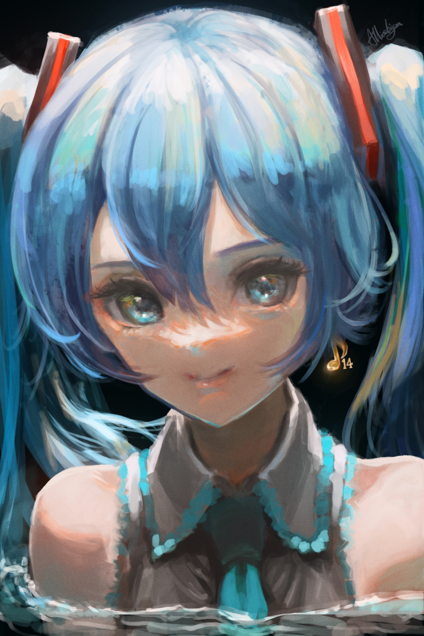 1girl absurdres aqua_neckwear arise_(allicenogalca) bangs black_background blue_eyes blue_hair earrings eyelashes grey_shirt hair_between_eyes hair_ornament hatsune_miku highres jewelry long_hair looking_at_viewer musical_note_earrings partially_submerged portrait shirt signature simple_background single_earring sleeveless sleeveless_shirt smile solo twintails vocaloid water