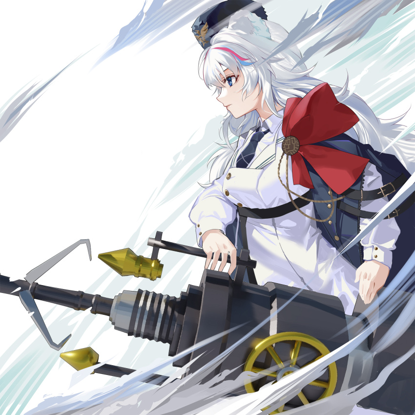 1girl animal_ears arknights bear_ears blue_eyes blue_hair blue_headwear blue_neckwear bow buttons chinese_commentary coat commentary_request from_side harpoon_gun hat highres holding holding_weapon hongbaise_raw long_hair multicolored_hair necktie red_bow redhead rosa_(arknights) smoke solo streaked_hair upper_body ursus_empire_logo weapon white_background white_coat white_hair