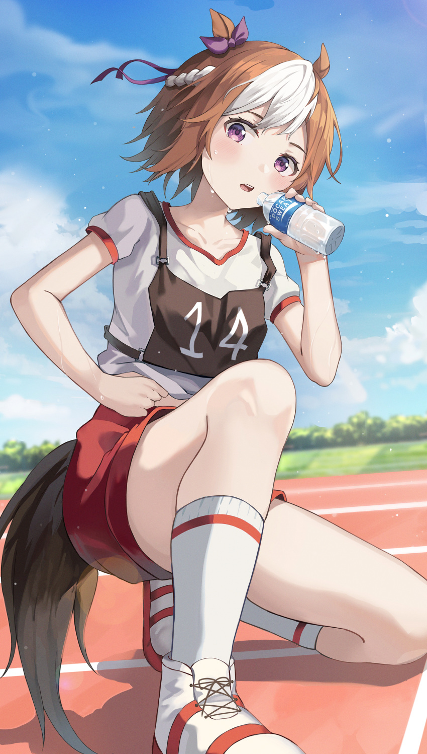 1girl absurdres animal_ears bottle braid brown_hair ear_ribbon french_braid gym_shirt gym_shorts gym_uniform half_updo highres holding holding_bottle horse_ears horse_girl horse_tail huge_filesize looking_at_viewer multicolored_hair open_mouth pocari_sweat red_shorts shirt shoes short_hair shorts sneakers socks solo special_week_(umamusume) sweat t-shirt tail two-tone_hair umamusume violet_eyes water_bottle white_hair white_legwear white_shirt yeolyeo