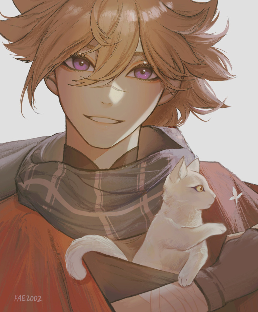 1boy animal bandaged_hand bandages black_gloves blonde_hair cat commentary faeyra fingerless_gloves genshin_impact gloves highres holding holding_animal holding_cat japanese_clothes kazuha's_friend_(genshin_impact) looking_at_viewer messy_hair parted_lips scar scar_on_face scar_on_nose signature simple_background smile solo twitter_username violet_eyes white_background white_cat