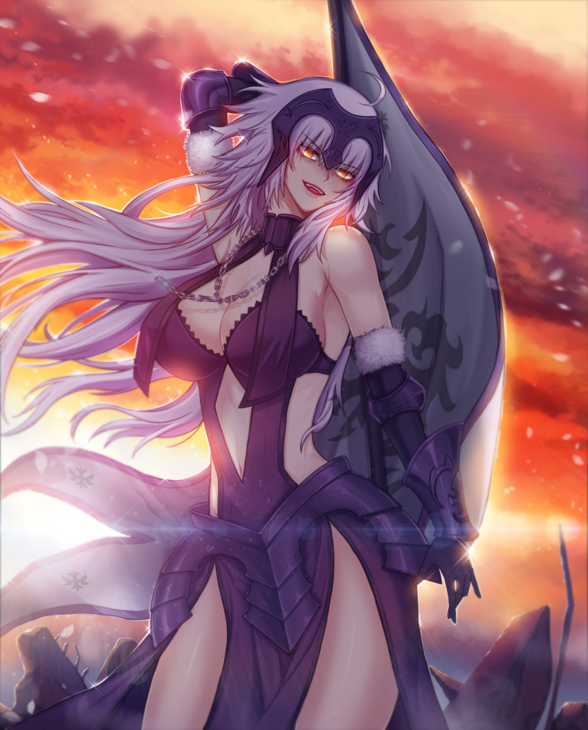 1girl ahoge arm_up armor armored_dress bangs bare_shoulders breasts chain dress dusk eyebrows_visible_through_hair fate/grand_order fate_(series) flag highres holding holding_flag jeanne_d'arc_(alter)_(fate) jeanne_d'arc_(fate)_(all) large_breasts long_hair looking_at_viewer navel open_mouth raoul_(raoul77) silver_hair smile solo standing yellow_eyes