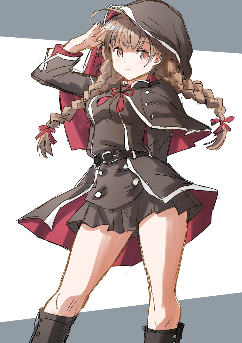 1girl belt black_capelet black_dress black_footwear boots braid breasts brown_belt brown_hair capelet commentary_request contrapposto dress feet_out_of_frame fuji_(pixiv24804665) highres hood hood_up hooded_capelet kantai_collection large_breasts long_hair looking_at_viewer pleated_dress salute shinshuu_maru_(kancolle) solo standing twin_braids