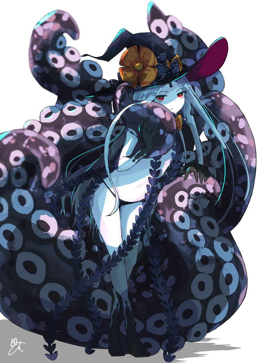 1girl abigail_williams_(fate) absurdres bangs bare_shoulders black_bow black_headwear black_panties blush bow breasts colored_skin fate/grand_order fate_(series) forehead full_body hair_bow hat highres keyhole long_hair looking_at_viewer multiple_bows navel orange_bow panties parted_bangs polka_dot polka_dot_bow red_eyes small_breasts tentacles thighs tsuki_mido underwear white_hair white_skin witch_hat