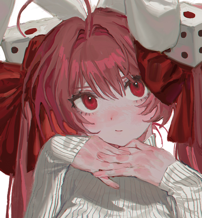 1girl ahoge animal_ears bangs blush bow closed_mouth di_gi_charat dice_hair_ornament eyelashes hair_between_eyes hair_bow hair_ornament highres interlocked_fingers long_hair long_sleeves looking_at_viewer rabbit_ears red_bow red_eyes redhead ribbed_sweater solo sweater turtleneck turtleneck_sweater twintails upper_body usada_hikaru white_sweater yatatashira