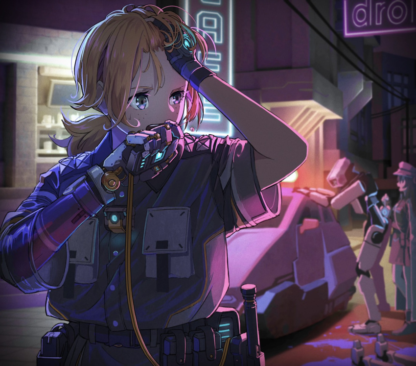 2girls android arrest blurry blurry_background commentary cyborg highres holding ichiyon mecha mechanical_arms multiple_girls neon_lights night orange_hair original outdoors police ponytail science_fiction single_mechanical_arm