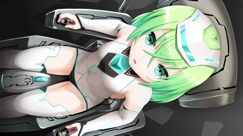 1girl bangs bodysuit breasts chair cockpit commentary_request controller crossed_bangs detached_sleeves eyebrows_visible_through_hair green_eyes green_hair haribote joystick long_hair looking_at_viewer looking_up open_mouth original sitting small_breasts solo thigh-highs thighs white_bodysuit white_headwear white_legwear