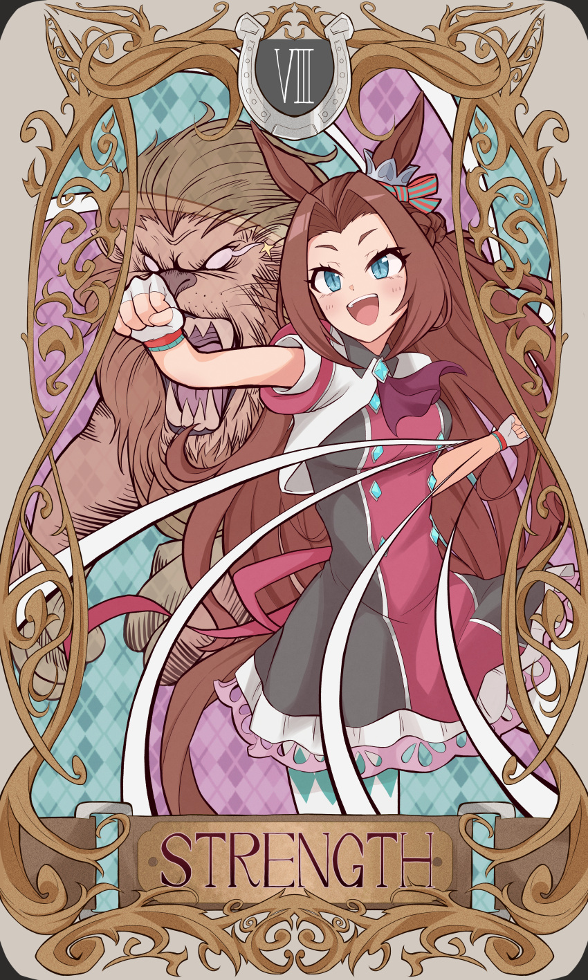 1girl absurdres animal_ears blue_eyes breasts brown_hair card_(medium) discharge_mochi fingerless_gloves gloves hair_ribbon highres horse_ears horse_girl huge_filesize kawakami_princess_(umamusume) lion long_hair medium_breasts open_mouth punching ribbon solo tarot umamusume