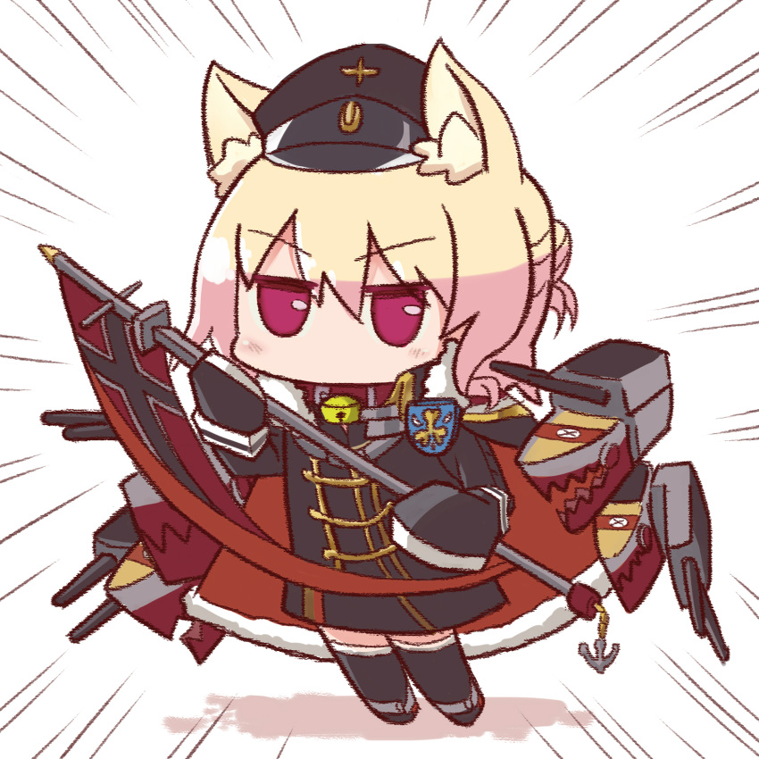 1girl anchor animal_ear_fluff animal_ears azur_lane bell bismarck_(azur_lane) bismarck_(azur_lane)_(cosplay) borrowed_character brown_collar cape chibi collar cosplay expressionless eyebrows_visible_through_hair flag fox_ears fox_girl fur_collar fur_trim hair_bun hat highres jingle_bell kemomimi-chan_(naga_u) military military_coat military_hat military_uniform neck_bell original pink_eyes red_cape simple_background sleeves_past_fingers sleeves_past_wrists solo tagme uniform weapon white_background wwwhos