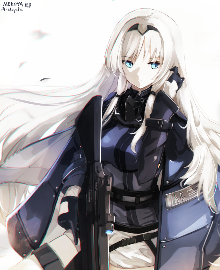 1girl an-94 an-94_(girls_frontline) assault_rifle bangs black_gloves black_hairband blue_eyes closed_mouth commentary eyebrows_visible_through_hair girls_frontline gloves gun hairband hand_in_hair hand_up highres holding holding_gun holding_weapon jacket long_hair looking_away looking_to_the_side nekoya_(liu) object_namesake purple_jacket revision rifle short_shorts shorts sidelocks solo trigger_discipline twitter_username very_long_hair weapon white_background white_hair white_shorts