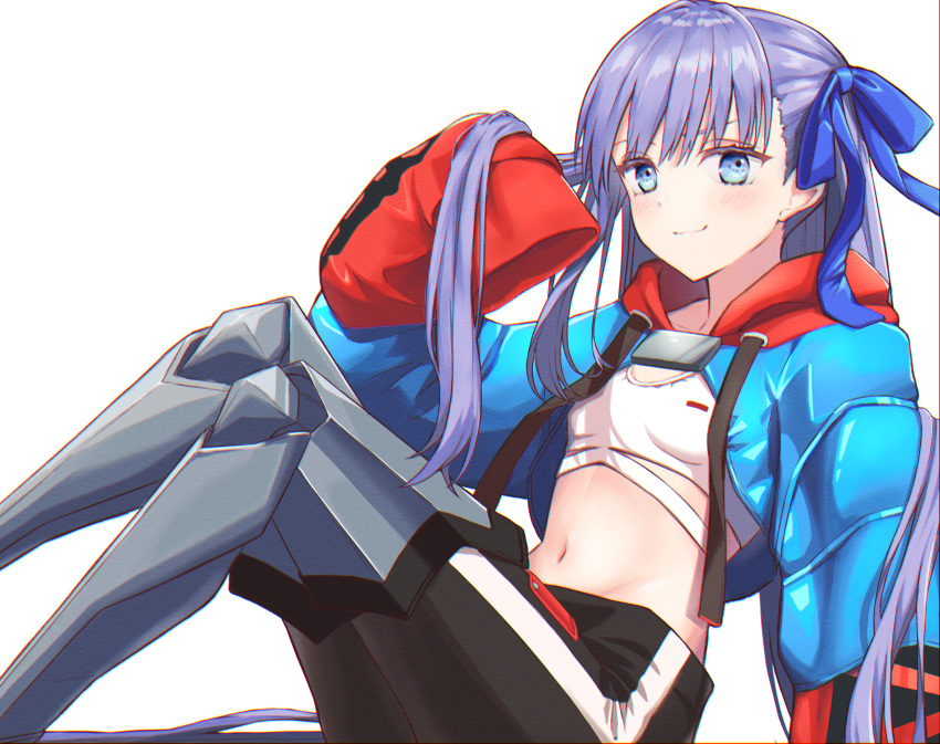 1girl absurdres bangs black_pants blue_eyes blue_jacket blue_ribbon blush breasts cropped_jacket fate/extra fate/extra_ccc fate/grand_order fate_(series) hair_ribbon heroic_spirit_tour_outfit highres huge_filesize jacket kake_udon long_hair long_sleeves looking_at_viewer meltryllis_(fate) pants prosthesis prosthetic_leg purple_hair ribbon sitting sleeves_past_fingers sleeves_past_wrists small_breasts smile solo very_long_hair