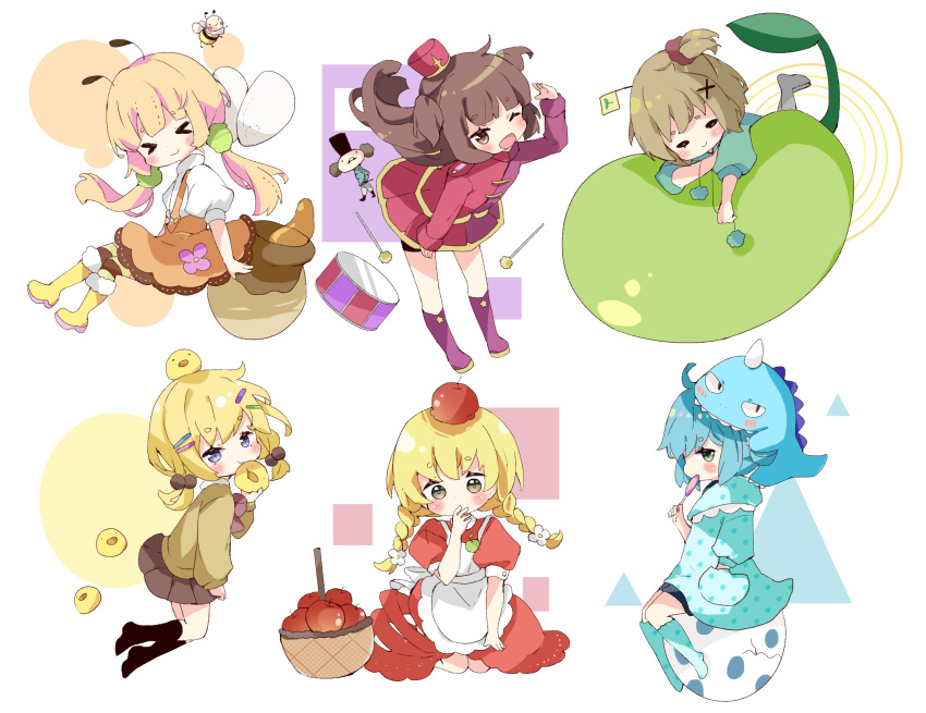 &gt;_&lt; 6+girls :3 ;d animal apple apron basket bird black_legwear black_shorts blonde_hair blue_hair blue_legwear blue_shirt blush boots brown_eyes brown_hair brown_skirt brown_sweater candy chibi chick closed_eyes closed_mouth commentary crack cracked_egg dress drum drumsticks egg food frilled_apron frills fruit fur-trimmed_boots fur_trim green_eyes hand_in_pocket hat highres holding holding_animal holding_candy holding_food holding_lollipop instrument jacket kneebar kneehighs lollipop long_hair long_sleeves low_twintails mini_hat multiple_girls one_eye_closed open_mouth original pleated_skirt puffy_long_sleeves puffy_short_sleeves puffy_sleeves purple_footwear red_apple red_dress red_headwear red_jacket red_skirt shirt short_shorts short_sleeves shorts shorts_under_skirt skirt smile striped striped_legwear suspender_skirt suspenders sweater swirl_lollipop symbol-only_commentary thigh-highs tsukiyo_(skymint) twintails two_side_up very_long_hair white_apron white_background white_shirt yellow_footwear