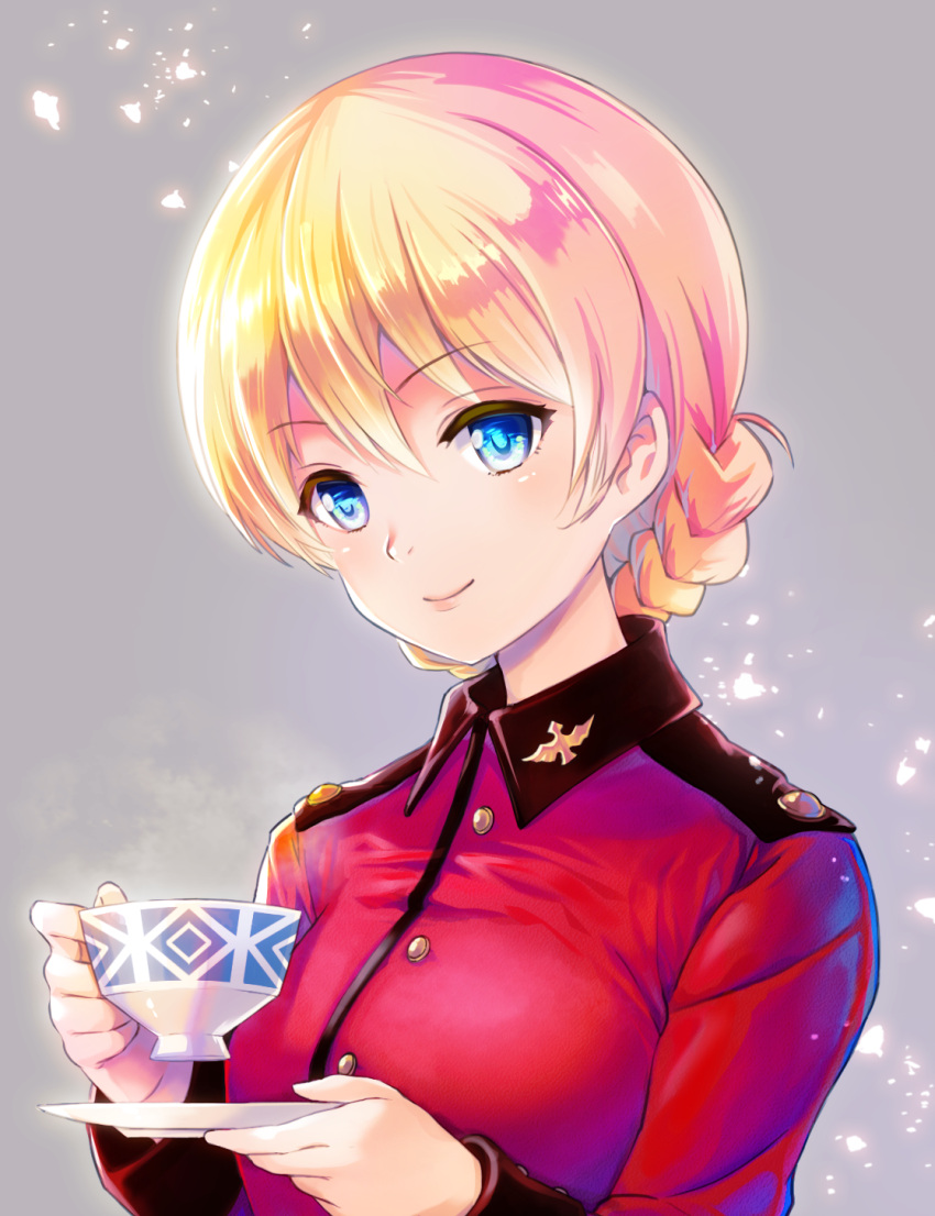 1girl bangs blonde_hair blue_eyes blush braid closed_mouth commentary_request cup darjeeling_(girls_und_panzer) eyebrows_visible_through_hair girls_und_panzer gradient gradient_background grey_background highres holding holding_cup jacket light_particles long_sleeves looking_at_viewer military_jacket red_jacket saucer shiny shiny_hair smile solo st._gloriana's_military_uniform tareme teacup umipro upper_body