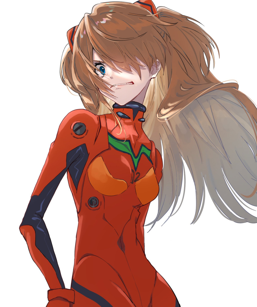 1girl angry blue_eyes bodysuit breasts clenched_teeth commentary_request glaring hair_over_one_eye highres interface_headset long_hair nanaponi neon_genesis_evangelion one_eye_covered orange_hair plugsuit red_bodysuit simple_background skin_tight small_breasts solo souryuu_asuka_langley teeth two_side_up upper_body white_background