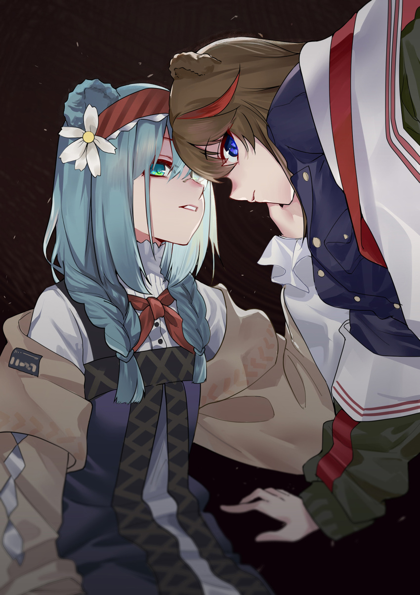 2girls animal_ears aqua_eyes aqua_hair arknights bear_ears beige_jacket blue_dress blue_eyes blue_shirt bow bowtie braid brown_hair chinese_commentary commentary_request dress flower green_jacket hair_flower hair_ornament hairband hand_on_another's_face highres hongbaise_raw istina_(arknights) istina_(bibliosmia)_(arknights) jacket long_hair looking_at_viewer monocle multicolored_hair multiple_girls official_alternate_costume open_clothes open_jacket pince-nez red_hairband red_neckwear redhead shirt sitting streaked_hair twin_braids white_flower yuri zima_(arknights) zima_(ready_to_go)_(arknights)