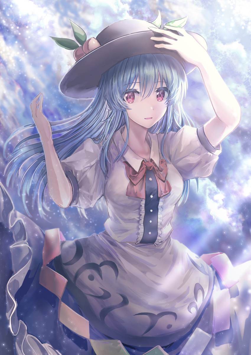 1girl arm_up bangs black_headwear blouse blue_hair blue_skirt blue_sky bow bowtie breasts buttons clouds cloudy_sky collar collared_blouse eyebrows_visible_through_hair food fruit hair_between_eyes hand_on_headwear hands_up hat highres hinanawi_tenshi leaf long_hair looking_at_viewer medium_breasts open_mouth peach puffy_short_sleeves puffy_sleeves red_bow red_eyes red_neckwear shadow short_sleeves skirt sky smile solo sunlight tabiji_(tabiji_s) touhou white_blouse white_sleeves