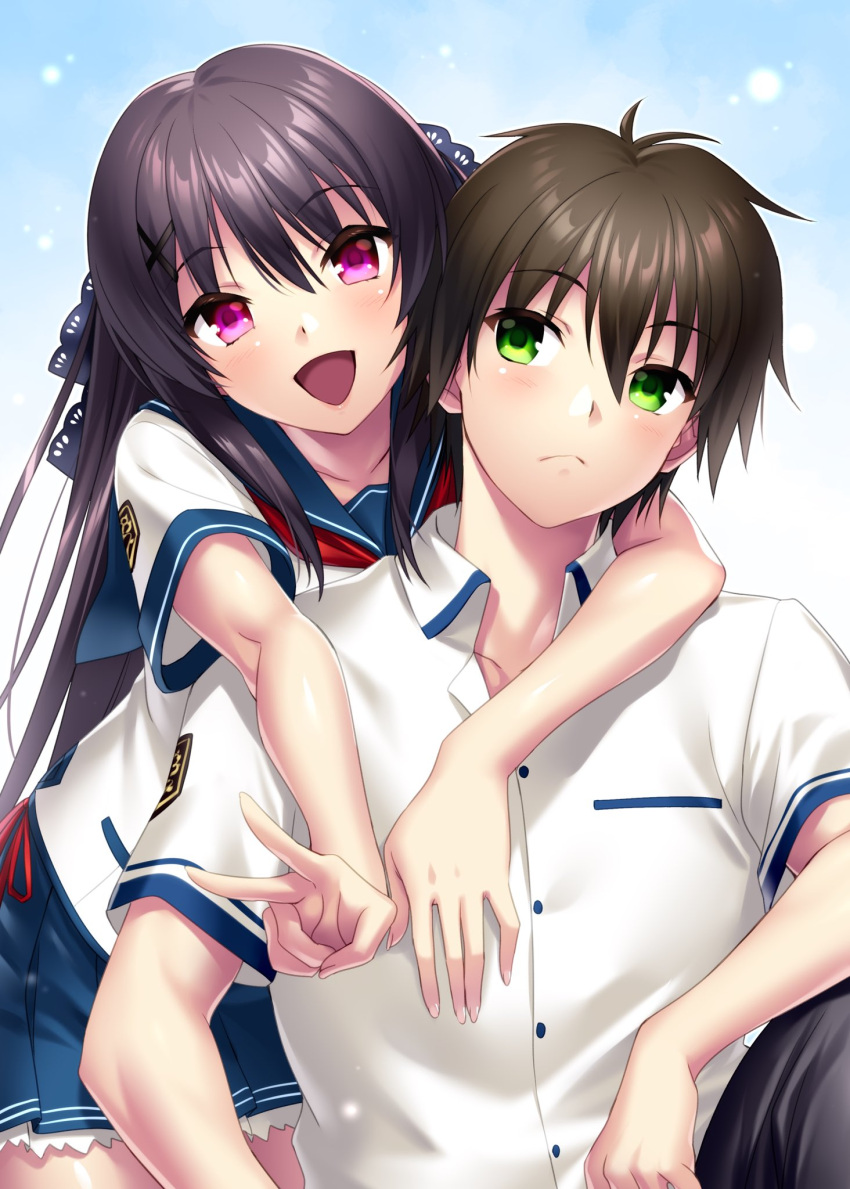 1boy 1girl :d ao_no_kanata_no_four_rhythm arms_around_neck black_hair black_ribbon blue_background blue_sailor_collar blue_skirt blush closed_mouth collared_shirt commentary_request commission couple dress_shirt eyelashes eyes_visible_through_hair frilled_skirt frills frown green_eyes hair_between_eyes hair_ornament hair_ribbon head_tilt hetero highres hinata_masaya hug hug_from_behind long_hair looking_at_another looking_at_viewer looking_to_the_side miniskirt neckerchief open_mouth pleated_skirt red_neckerchief ribbon sailor_collar school_uniform second-party_source shirt simple_background sitting skeb_commission skirt smile standing straight-on straight_hair tobisawa_misaki v very_long_hair violet_eyes white_shirt x_hair_ornament zen_(kamuro)
