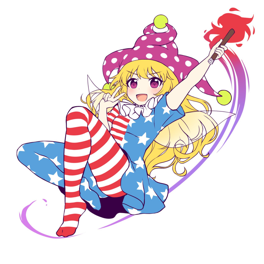 1girl american_flag_dress american_flag_legwear blonde_hair blush caramell0501 clownpiece dress eyebrows_visible_through_hair fairy fairy_wings frilled_shirt_collar frills full_body hat highres jester_cap long_hair neck_ruff open_mouth pantyhose polka_dot_headwear simple_background star_(symbol) star_print torch touhou unfinished v very_long_hair violet_eyes wings