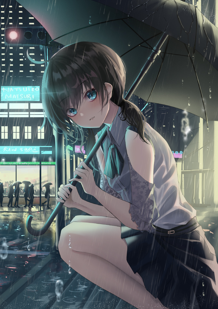 1girl absurdres ahoge bangs bare_legs black_hair black_neckwear black_ribbon black_skirt blue_eyes building character_name city collared_shirt commentary detached_sleeves english_commentary eyebrows_visible_through_hair feet_out_of_frame from_side grey_shirt highres holding holding_umbrella hololive huge_filesize long_hair looking_at_viewer looking_to_the_side low_twintails miniskirt natsuiro_matsuri neck_ribbon night outdoors parted_lips rain ribbon road see-through shirt short_sleeves silhouette skirt smile solo_focus squatting street traffic_light turbulence twintails umbrella virtual_youtuber