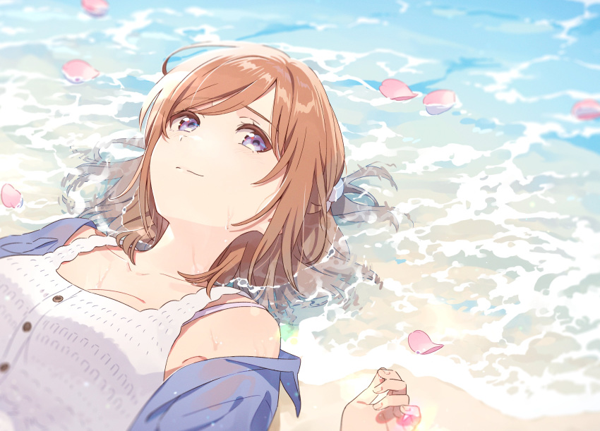 1girl absurdres bangs beach brown_hair camisole closed_mouth collarbone hand_up hechima_(issindotai) highres long_sleeves lying medium_hair ocean on_back original petals purple_shirt shirt smile solo violet_eyes water white_camisole