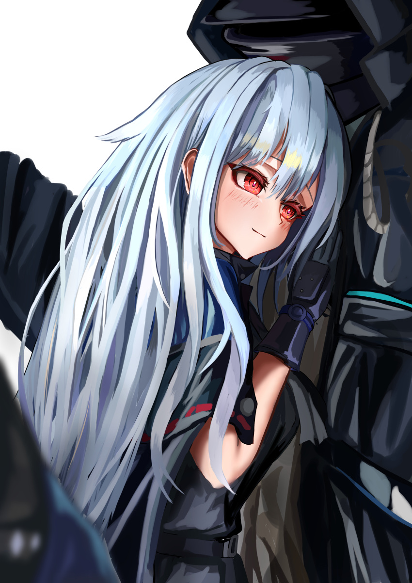 1girl 1other absurdres arknights bare_shoulders black_coat black_gloves black_headwear black_neckwear black_shirt blush closed_mouth coat commentary_request doctor_(arknights) gloves grey_shirt hand_on_another's_chest hat hat_removed head_on_chest headwear_removed highres hooded_coat kurosabi_neko long_sleeves partial_commentary red_eyes shirt silver_hair skadi_(arknights) sleeveless sleeveless_shirt smile visor