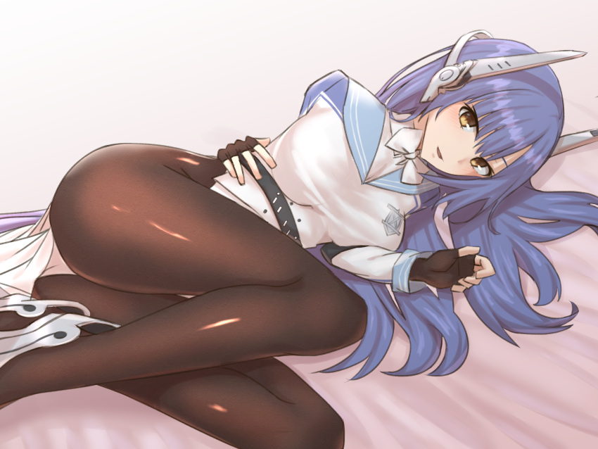 1girl absurdres ass assault_rifle badge black_gloves black_legwear blue_hair blue_ribbon breasts brown_legwear clip_studio_paint_(medium) collared_jacket elfenlied22 eyebrows_visible_through_hair fingerless_gloves girls_frontline gloves gun hair_between_eyes hexagram high_heels highres jacket large_breasts leotard long_hair looking_at_viewer lying open_mouth pantyhose red_eyes ribbon rifle robot_ears shoes star_of_david tar-21_(girls_frontline) weapon white_footwear white_leotard