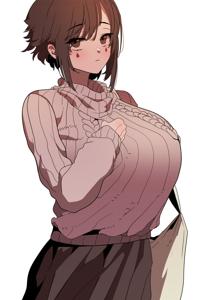 1girl :| absurdres asymmetrical_hair bag black_skirt breasts brown_eyes brown_hair closed_mouth expressionless eyebrows_visible_through_hair guardian_tales hand_on_own_chest highres large_breasts looking_at_viewer manjin512 scrivener_lahn short_hair skirt sweater tattoo turtleneck turtleneck_sweater white_background