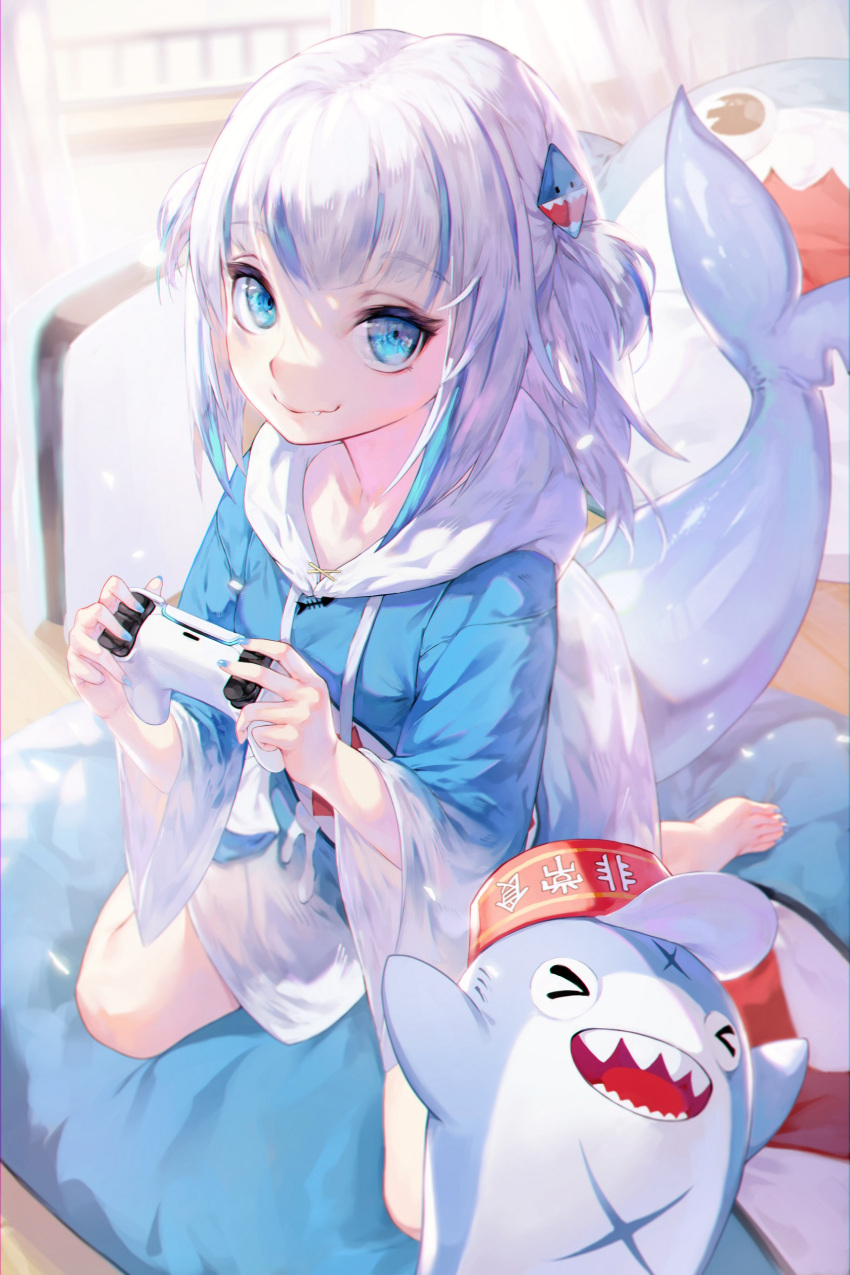 1girl absurdres bangs barefoot bloop_(gawr_gura) blue_eyes blue_hair blue_hoodie blue_nails closed_mouth commentary_request controller eyebrows_visible_through_hair fang fang_out fish_tail game_controller gasekun gawr_gura hair_ornament highres holding holding_controller holding_game_controller hololive hololive_english hood hood_down hoodie indoors long_sleeves looking_at_viewer medium_hair multicolored_hair nail_polish on_bed shark_hair_ornament shark_tail silver_hair sitting smile streaked_hair tail toenail_polish toenails two_side_up virtual_youtuber wariza wide_sleeves