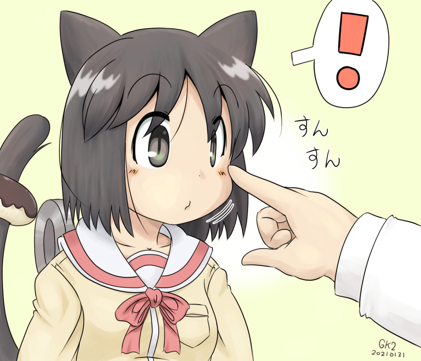 ! 1girl animal_ears black_eyes black_hair blush cat_ears cat_tail closed_mouth commentary_request doughnut eyebrows_visible_through_hair food food_on_tail gaketsu highres nichijou pointing pointing_at_another sailor_collar school_uniform shinonome_nano short_hair simple_background spoken_exclamation_mark tail tokisadame_school_uniform translation_request winding_key