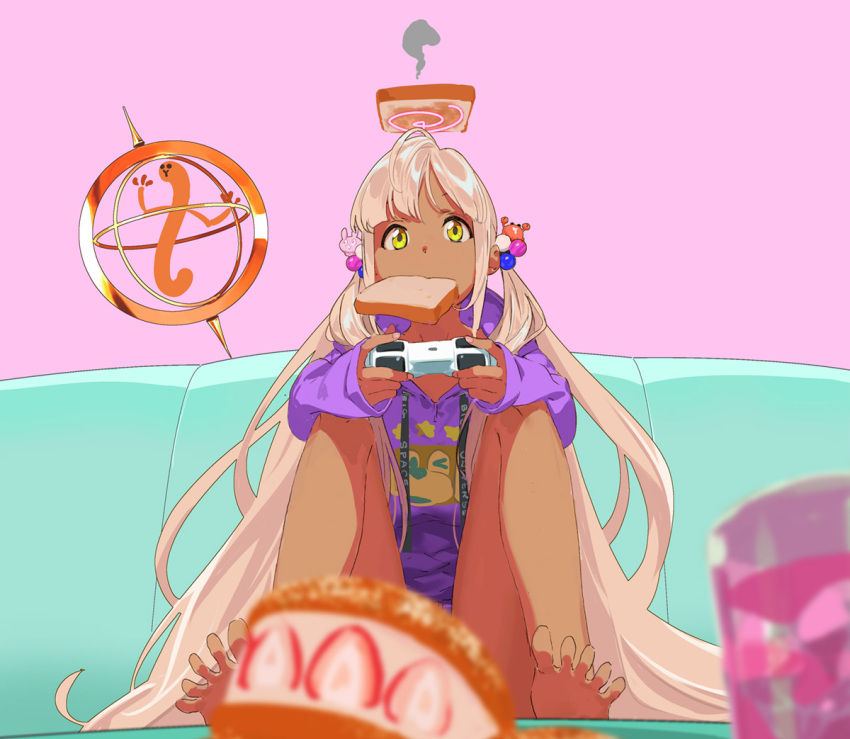1girl barefoot blonde_hair bread casual couch dark-skinned_female dark_skin food food_in_mouth glass hololive hololive_english hood hoodie long_hair mouth_hold pako pastry planet_hair_ornament sitting solo toast toast_in_mouth tsukumo_sana very_long_hair virtual_youtuber water yatagarasu_(tsukumo_sana) yellow_eyes
