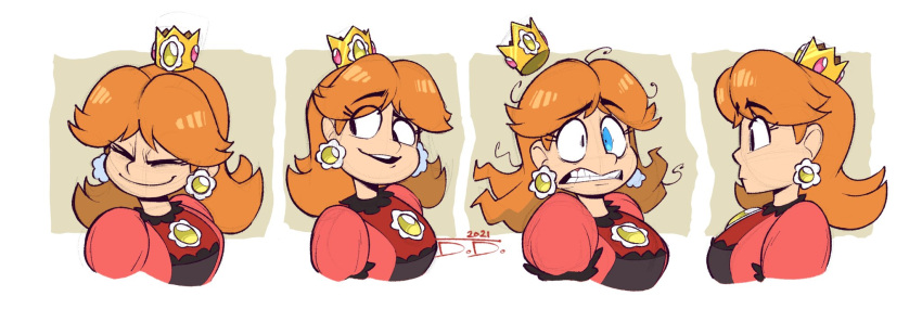 1girl alternate_color clenched_teeth crown dress earrings expressions from_side gogomrdodo highres jewelry looking_to_the_side nintendo orange_hair princess_daisy red_dress smile solo super_smash_bros. teeth upper_body