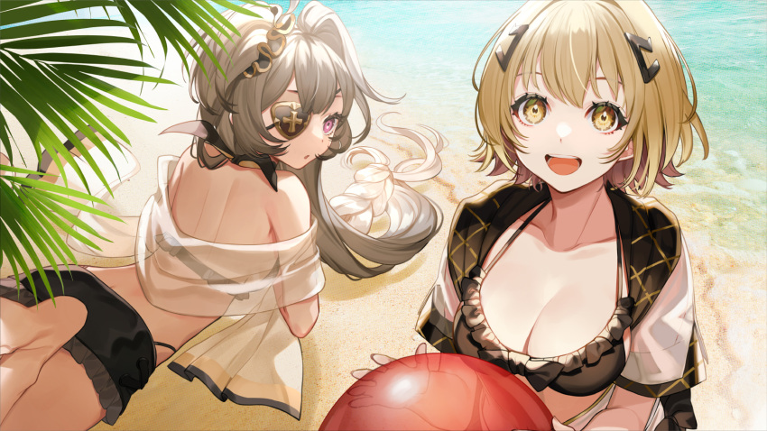 2girls :d alchemy_stars ball beach beachball bikini bikini_under_clothes black_bikini blonde_hair brown_eyes collarbone commentary_request day eicy_(alchemy_stars) eyepatch frilled_bikini frills grey_hair hair_ornament highres holding holding_ball hood hood_down looking_at_viewer looking_back lying multiple_girls official_art on_ground on_stomach open_mouth outdoors parted_lips sand see-through shirt short_sleeves smile swimsuit transparent upper_teeth vice_(alchemy_stars) violet_eyes water white_shirt yuu_(higashi_no_penguin)