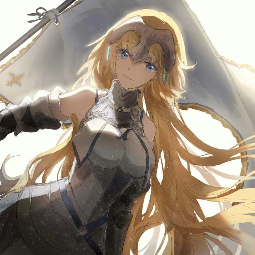1girl armor armored_dress bangs bare_shoulders blonde_hair blue_eyes breasts candy_(pixiv15231759) chain fate/apocrypha fate/grand_order fate_(series) flag headpiece highres jeanne_d'arc_(fate) jeanne_d'arc_(fate)_(all) long_hair looking_at_viewer simple_background smile solo upper_body white_background