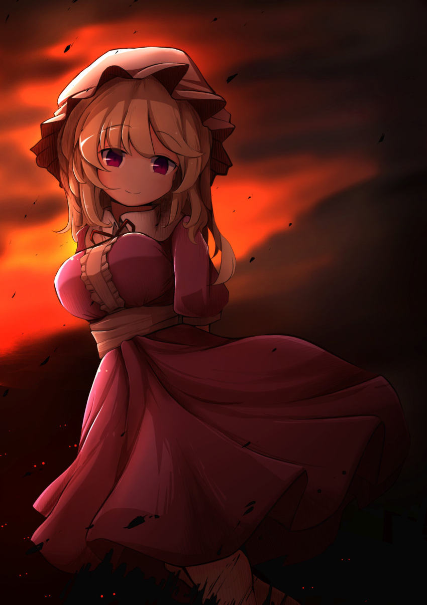 1girl absurdres arms_behind_back bangs blonde_hair breasts closed_mouth dress dusk eyebrows_visible_through_hair hat highres kappanagare large_breasts long_sleeves looking_at_viewer maribel_hearn medium_hair mob_cap outdoors purple_dress sash smile solo standing touhou white_headwear