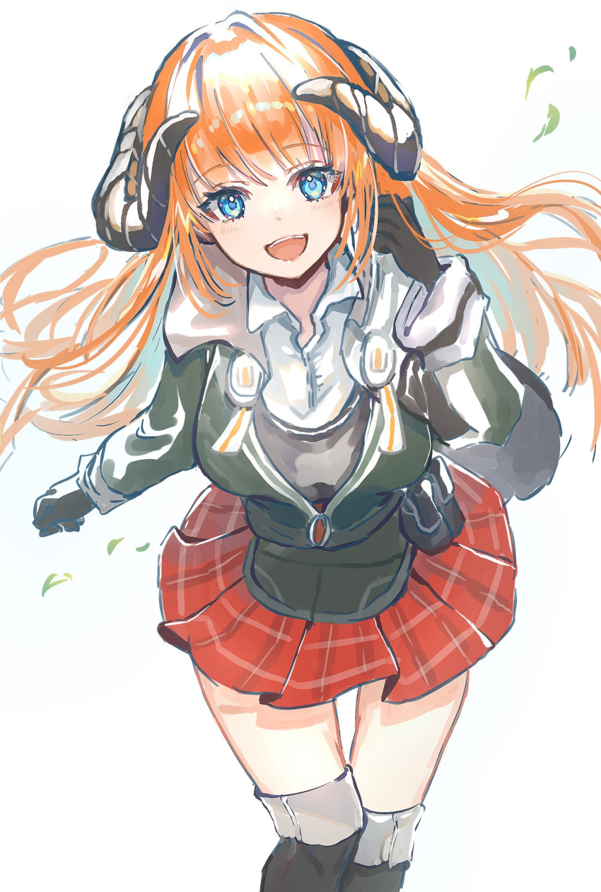 1girl arknights bagpipe_(arknights) belt_pouch black_footwear black_gloves black_legwear black_shirt blue_eyes boots commentary dragon_horns eyebrows_visible_through_hair feet_out_of_frame gloves green_jacket hand_up highres horns jacket long_hair looking_at_viewer nanaponi open_mouth orange_hair plaid plaid_skirt pleated_skirt pouch red_skirt shirt simple_background skirt smile solo thigh-highs thigh_boots upper_teeth white_background white_shirt