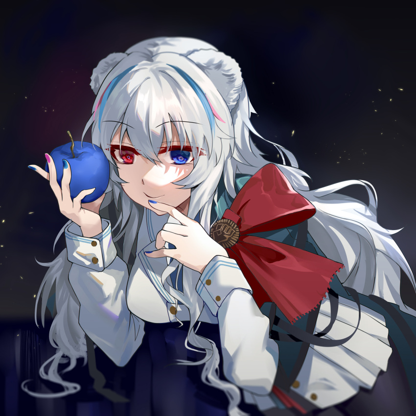 1girl animal_ears apple arknights bear_ears black_footwear black_legwear blue_apple blue_cape blue_hair blue_nails bow buttons cape chinese_commentary coat commentary_request cowboy_shot eyebrows_visible_through_hair finger_to_mouth food fruit hair_between_eyes highres holding holding_food holding_fruit hongbaise_raw leaning_forward long_hair looking_at_viewer multicolored multicolored_hair multicolored_nails pantyhose pink_hair pink_nails red_bow rosa_(arknights) smile solo streaked_hair white_coat white_hair