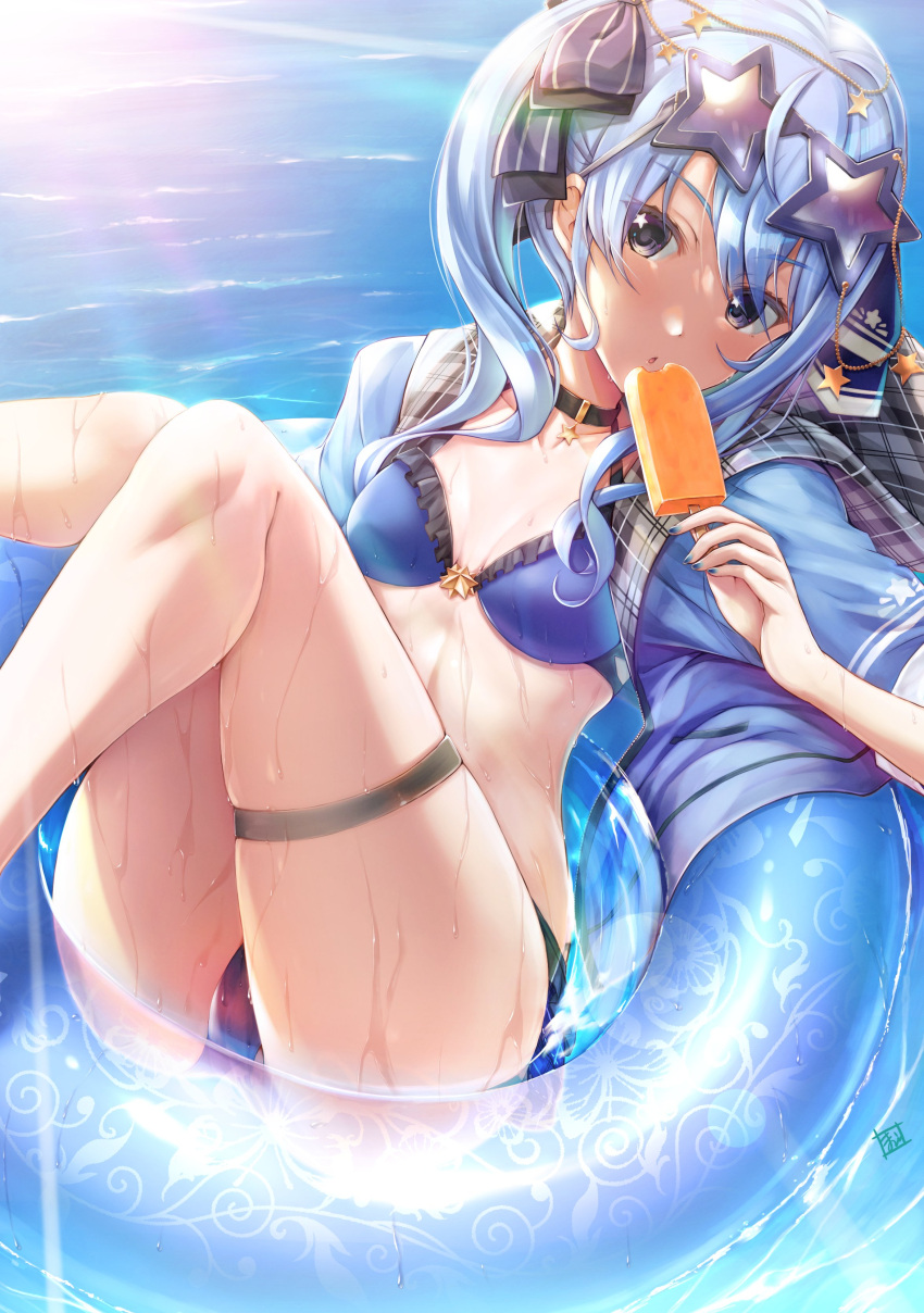 1girl absurdres bangs bikini black_choker blue_hair blue_nails choker collarbone commentary_request eyebrows_visible_through_hair fingernails food highres holding holding_food hololive hoshimachi_suisei innertube kamishiro_mai_(capti-no) looking_at_viewer nail_polish popsicle purple_hair solo star-shaped_eyewear star_(symbol) star_choker star_in_eye swimsuit symbol_in_eye thigh_strap virtual_youtuber water wet