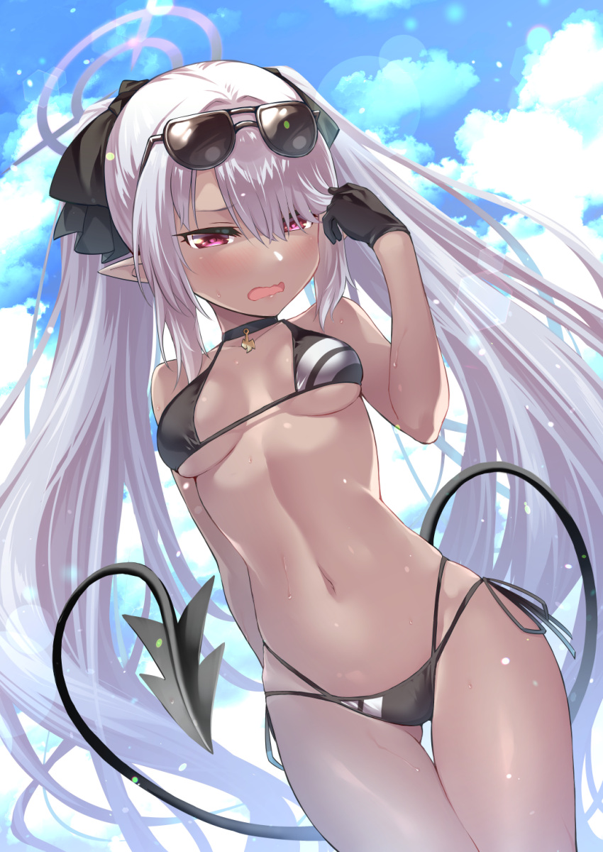 1girl ass_visible_through_thighs black_footwear black_gloves blue_archive blue_sky breasts choker clouds commentary_request commission dark-skinned_female dark_skin eyewear_on_head gloves hair_ribbon halo highres iori_(blue_archive) long_hair navel ono_misao open_mouth pointy_ears purple_hair revision ribbon skeb_commission sky solo sunglasses sweat tail twintails very_long_hair violet_eyes