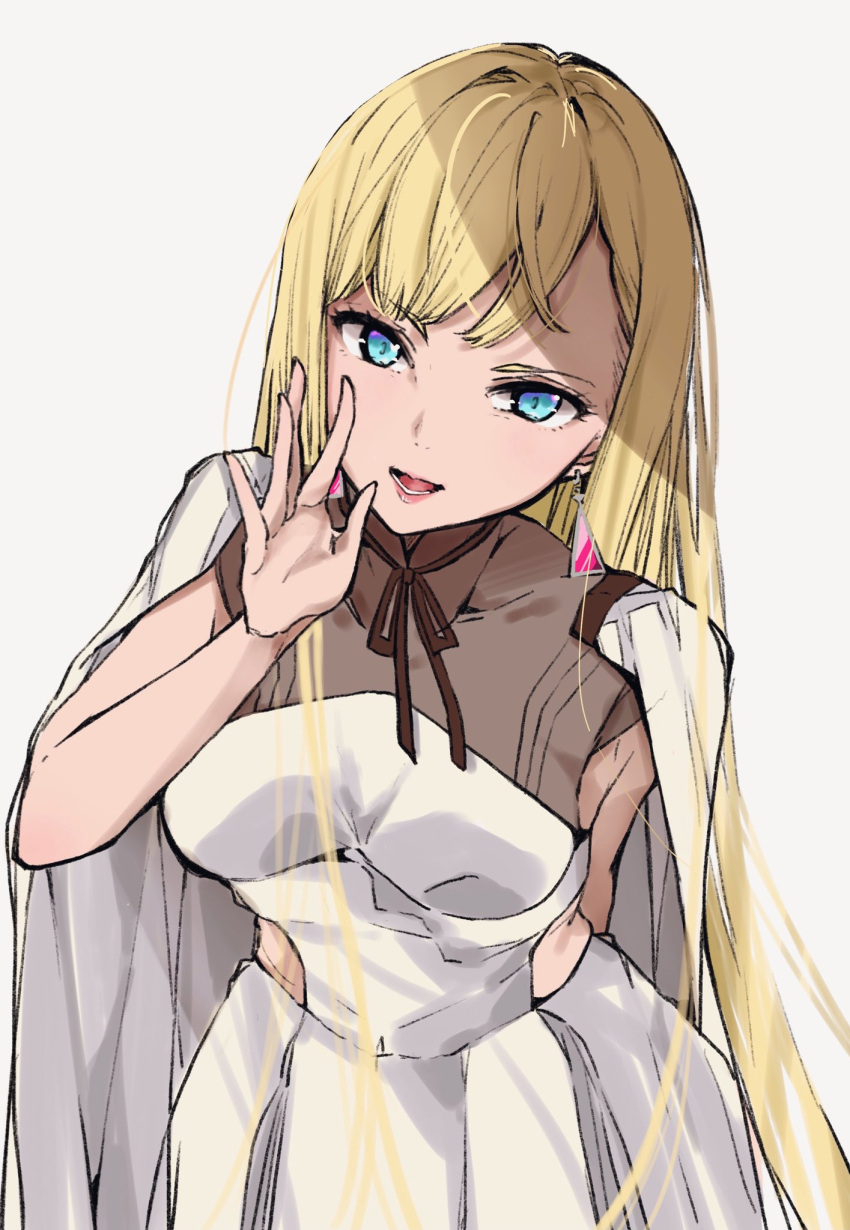 1girl arm_behind_back bangs blonde_hair blue_eyes breasts chigasaki_y dress earrings gigi_andalusia grey_background gundam gundam_hathaway's_flash highres jewelry long_hair looking_at_viewer medium_breasts parted_lips simple_background solo triangle_earrings upper_body