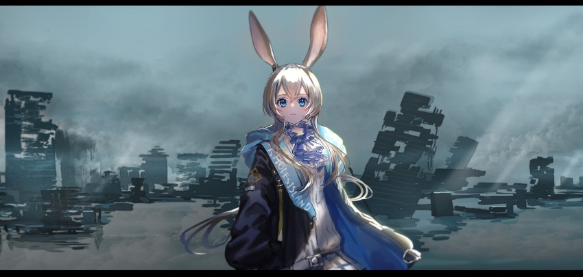 1girl amiya_(arknights) animal_ears arknights ascot blue_coat blue_eyes brown_hair closed_mouth clouds cloudy_sky coat commentary_request expressionless highres letterboxed long_hair looking_at_viewer nanaponi open_clothes open_coat ponytail purple_neckwear rabbit_ears ribbed_sweater ruins sky solo sweater upper_body white_sweater