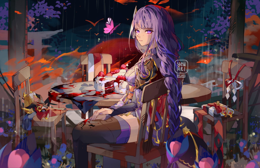 1girl armor artist_name bangs blood braid breasts bug butterfly cake chair closed_mouth commentary english_commentary food genshin_impact hair_ornament highres japanese_clothes kimono large_breasts long_hair looking_at_viewer mask obi obiage purple_hair purple_nails raiden_shogun rain ribbon sash shoulder_armor sitting solo table tengu_mask thigh-highs violet_eyes yeurei