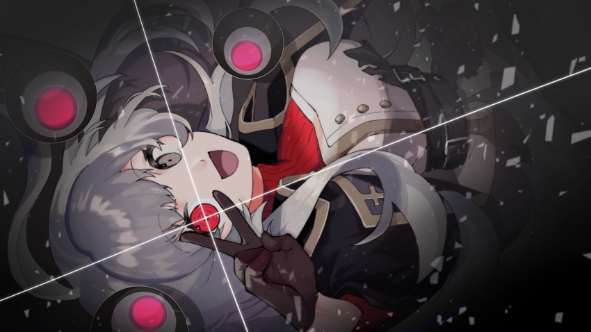 1girl ahoge alchemy_stars belt belt_buckle black_background black_jacket breasts brown_gloves buckle buttons collared_jacket commentary_request debris eicy_(alchemy_stars) eyeball gloves grey_eyes grey_hair heterochromia highres jacket long_hair looking_at_viewer medium_breasts open_mouth red_eyes sealo sideways smile solo turtleneck upper_body v v_over_eye very_long_hair