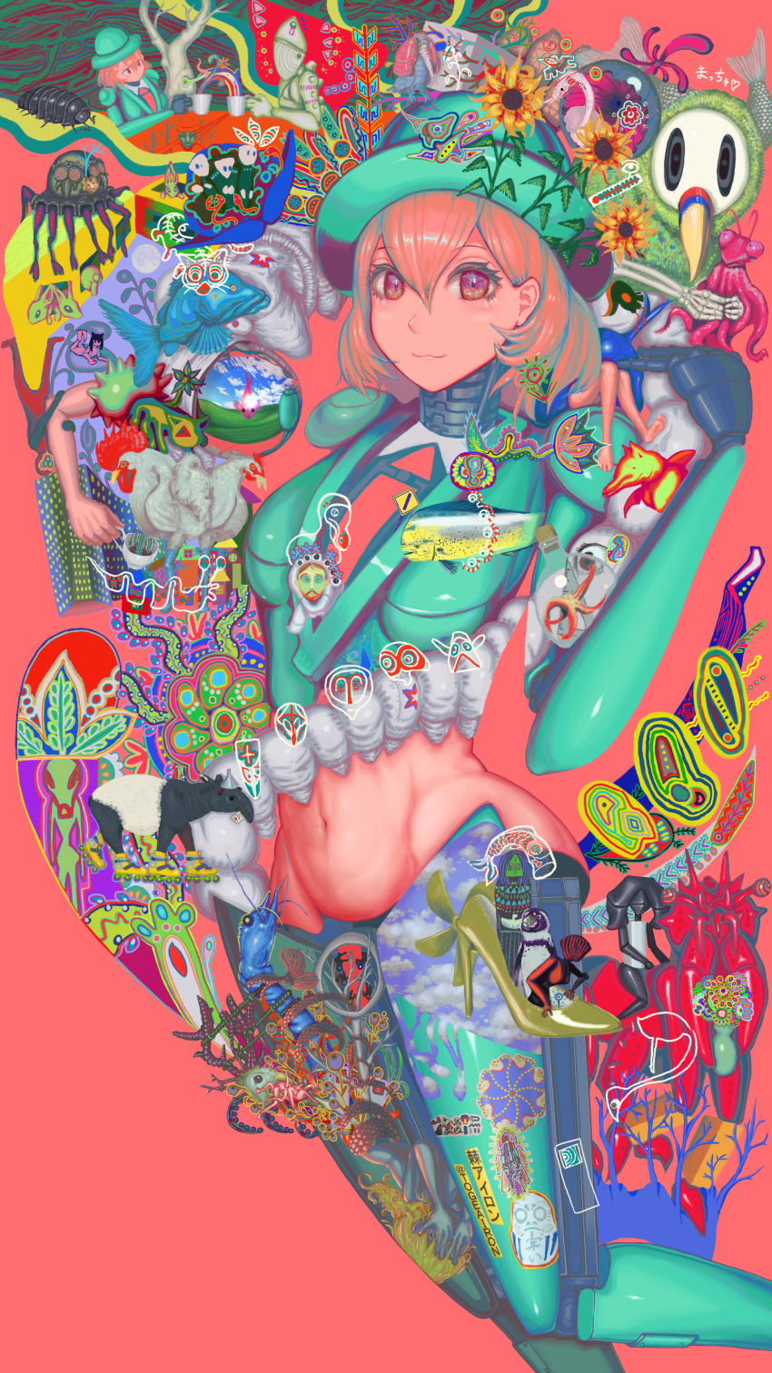 1girl abstract absurdres aqua_headwear bird bone bug cup feet_out_of_frame fish flower hair_between_eyes highres holding holding_cup leaf looking_at_viewer medium_hair midriff navel original penguin pink_background pink_eyes pink_hair plant shrimp smile solo togeairon yellow_flower
