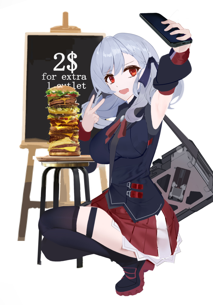 1girl asymmetrical_bangs bangs black_legwear burger cellphone edenland english_commentary english_text food girls_frontline highres holding holding_phone low_twintails menu_board miniskirt phone red_skirt selfie silver_hair skirt smartphone solo spas-12_(girls_frontline) thigh-highs thigh_strap twintails v