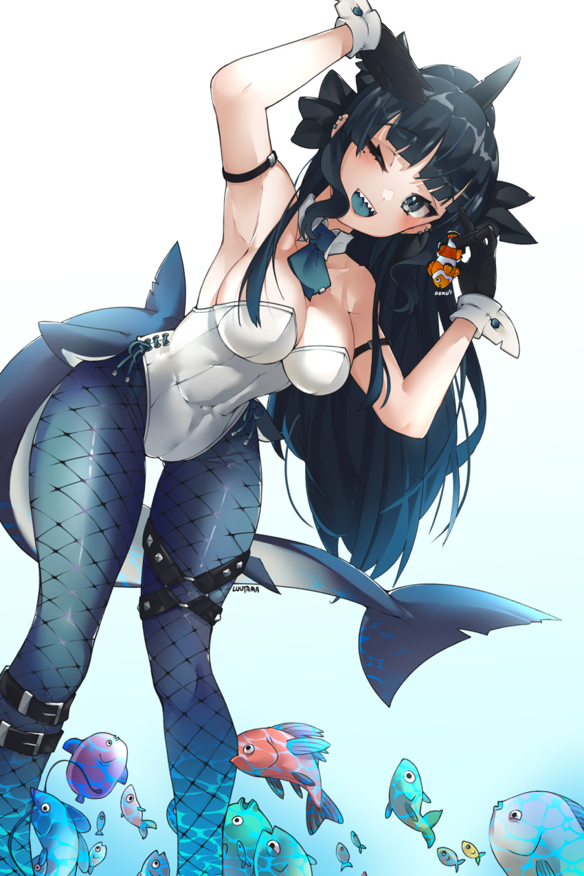 1girl animal armpits arms_up artemis_of_the_blue atelier_live bangs belt black_eyes black_gloves black_hair blue_legwear blue_neckwear blue_tongue blunt_bangs breasts colored_tongue commission covered_navel cowboy_shot cross-laced_clothes detached_collar ear_clip fish fishnet_legwear fishnets gloves highleg highleg_leotard highres holding holding_animal holding_fish leaning_to_the_side leotard mole mole_under_eye necktie salute shark shark_fin shark_girl sharp_teeth short_necktie strapless strapless_leotard studded_thigh_strap suprhiro teeth virtual_youtuber white_leotard wrist_cuffs