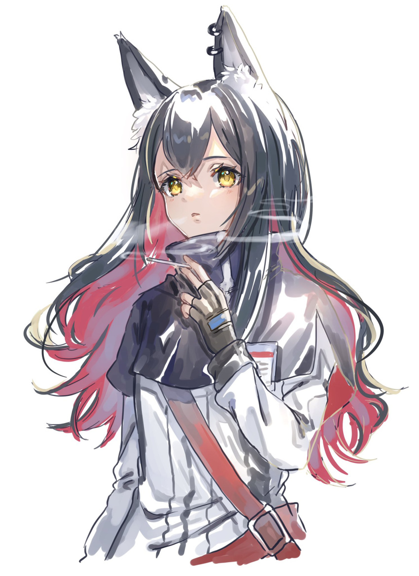 1girl animal_ear_fluff animal_ears arknights bangs black_capelet black_gloves black_hair capelet cigarette colored_inner_hair commentary ear_piercing fingerless_gloves gloves hand_up high_collar highres holding holding_cigarette id_card jacket long_sleeves multicolored_hair nanaponi parted_lips piercing redhead shoulder_strap simple_background smoke smoking solo texas_(arknights) upper_body white_background white_jacket wolf_ears yellow_eyes yellow_pupils
