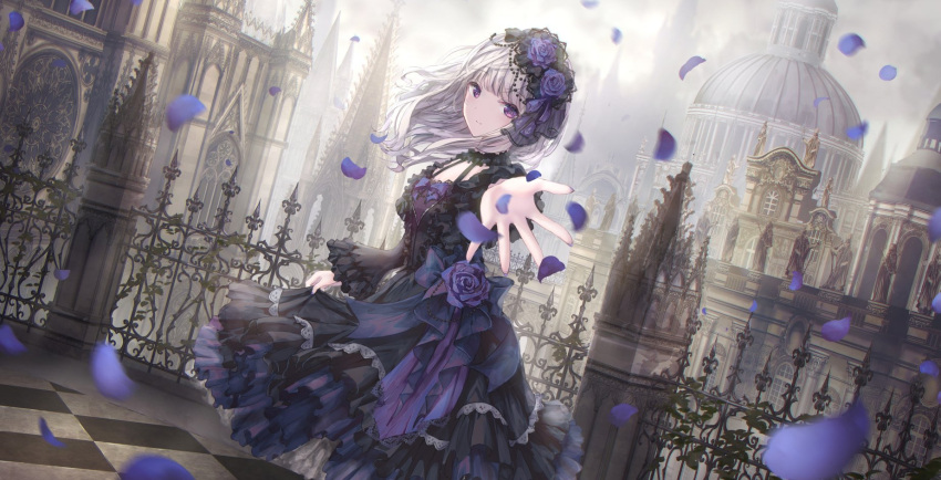 1girl bangs black_dress building closed_mouth clouds cloudy_sky commentary_request day dress eyebrows_visible_through_hair fence flower frilled_dress frills grey_hair highres missile228 original outdoors outstretched_arm petals purple_flower purple_rose rose sky smile solo standing tower violet_eyes