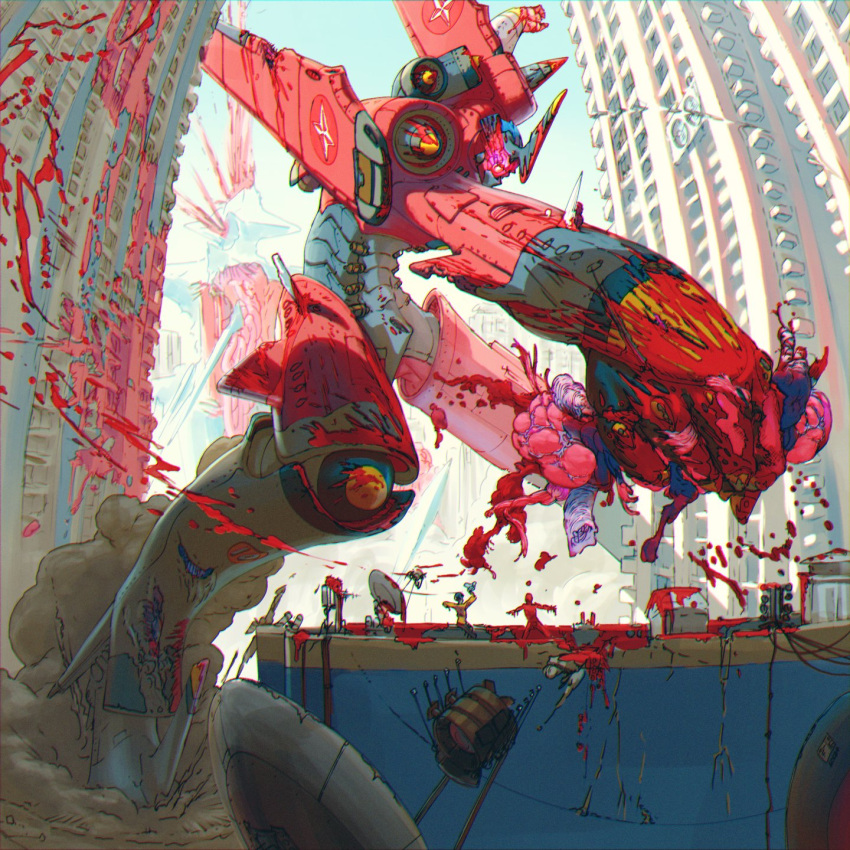 2others blood blood_splatter english_commentary glowing glowing_eye guro highres king_salmon mecha monster multiple_others one-eyed original punching red_eyes satellite_dish science_fiction solo_focus