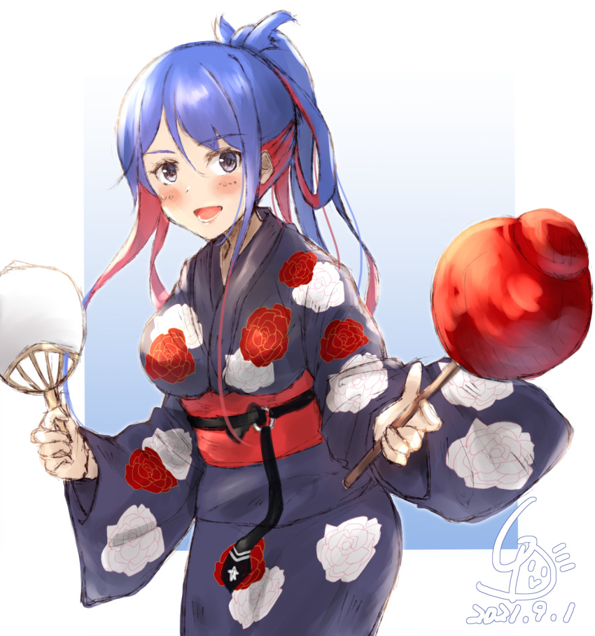 1girl artist_logo blue_hair blue_kimono candy_apple commentary_request cowboy_shot dated floral_print folded_ponytail food foreshortening hand_fan highres japanese_clothes kantai_collection kimono ld_(luna_dial398) long_hair multicolored_hair official_alternate_costume one-hour_drawing_challenge paper_fan redhead solo south_dakota_(kancolle) uchiwa yukata