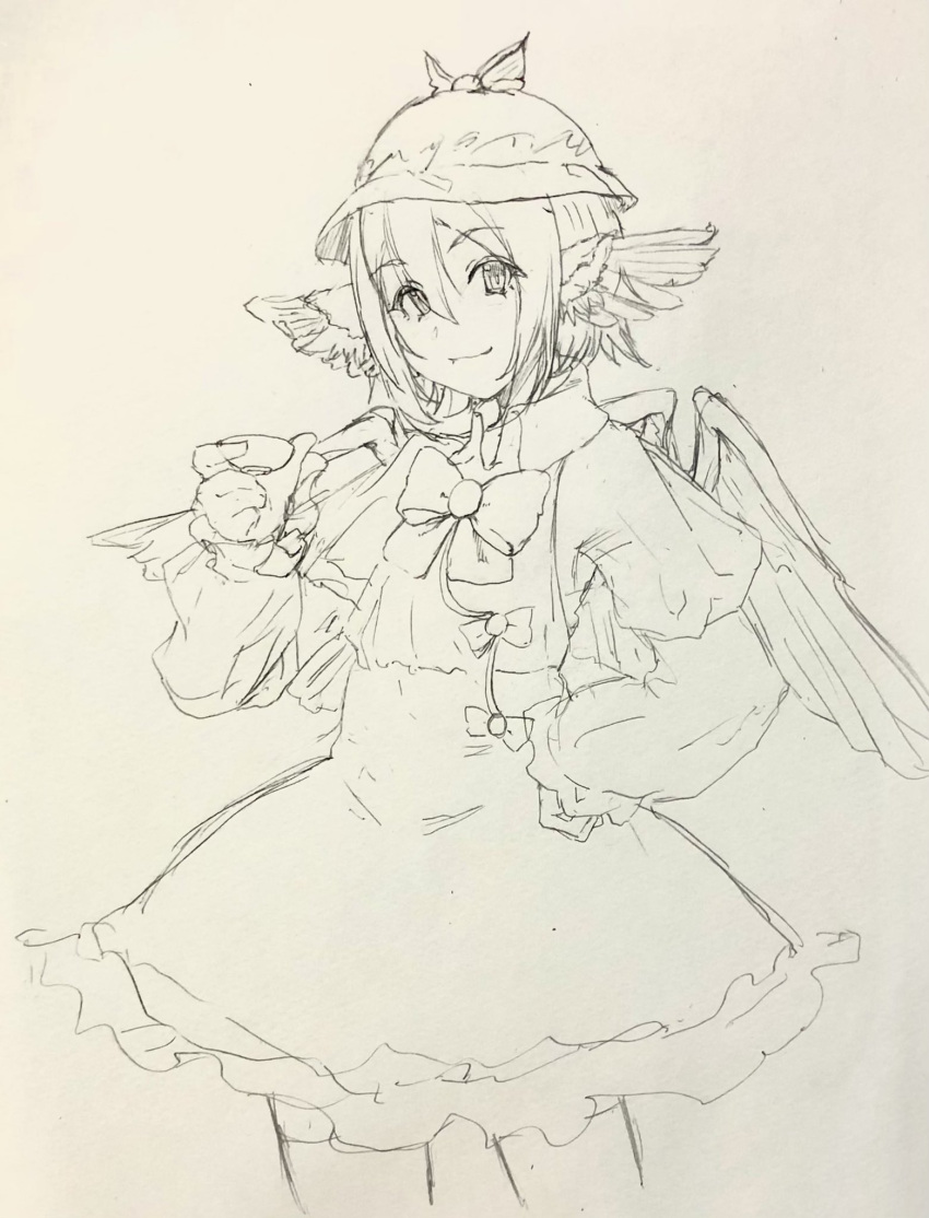 1girl bow bowtie choko_(cup) commentary_request cowboy_shot cropped_legs cup dress feathered_wings hair_between_eyes hand_on_hip hand_up hat head_wings highres holding holding_cup kurehon_shouya long_sleeves looking_at_viewer mystia_lorelei sketch smile solo touhou winged_hat wings